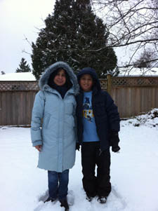 Geraldine and her son in the snow